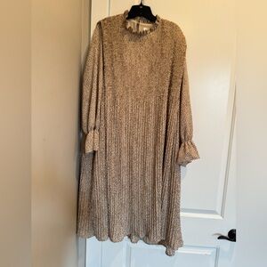 Long Sleeve Ruffle Neck Midi Dress in Beige Floral